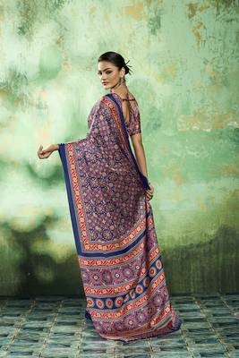 Blue modal satin ajrakh print saree 2