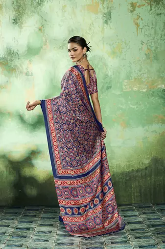 Blue modal satin ajrakh print saree