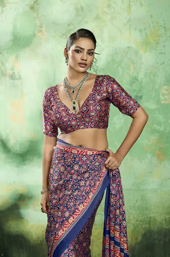 Blue modal satin ajrakh print saree