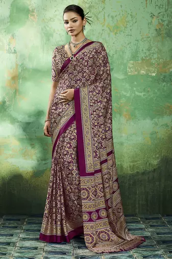 wine satin printed saree