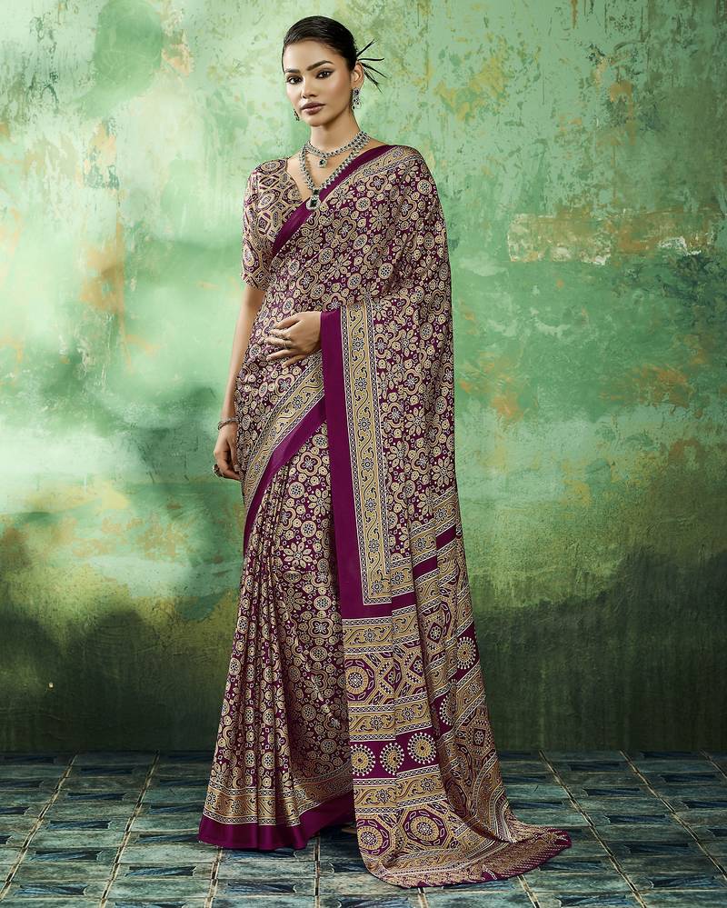 Wine modal satin ajrakh print saree