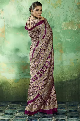 Wine modal satin ajrakh print saree