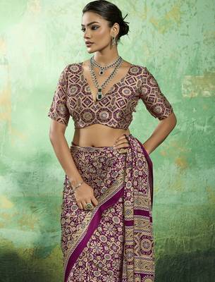 Wine modal satin ajrakh print saree 3