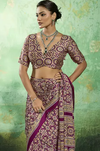 Wine modal satin ajrakh print saree