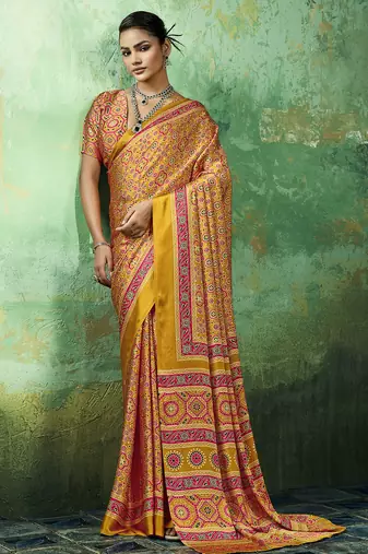 Yellow modal satin ajrakh print saree