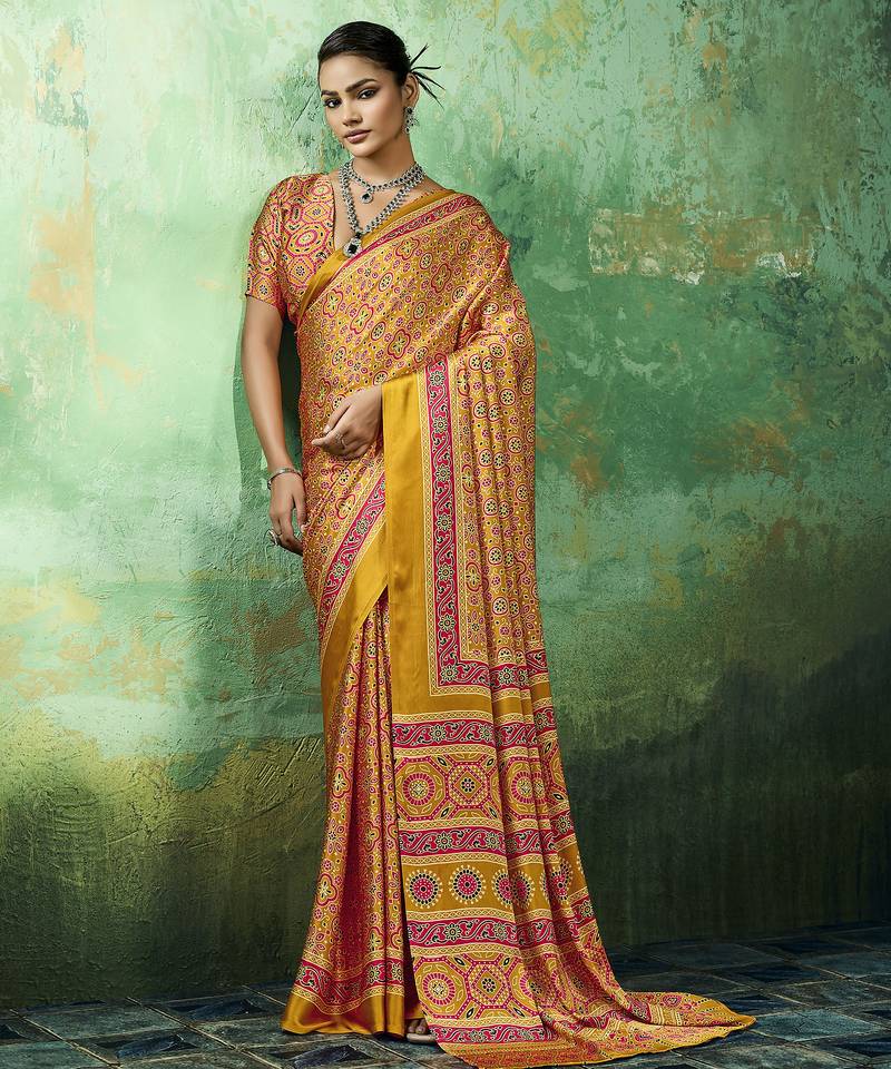 Yellow modal satin ajrakh print saree