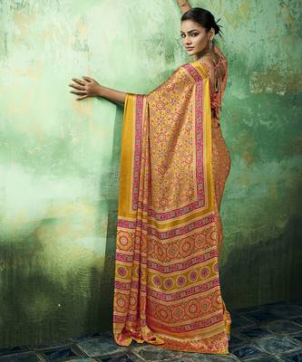 Yellow modal satin ajrakh print saree 2