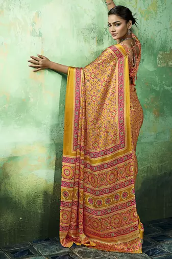Yellow modal satin ajrakh print saree