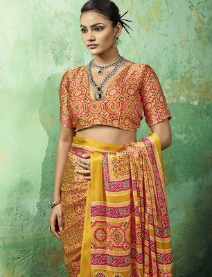 Yellow modal satin ajrakh print saree 3