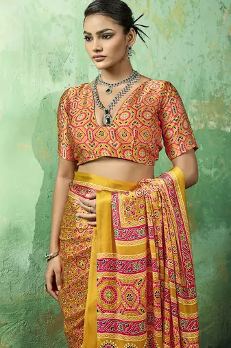 Yellow modal satin ajrakh print saree