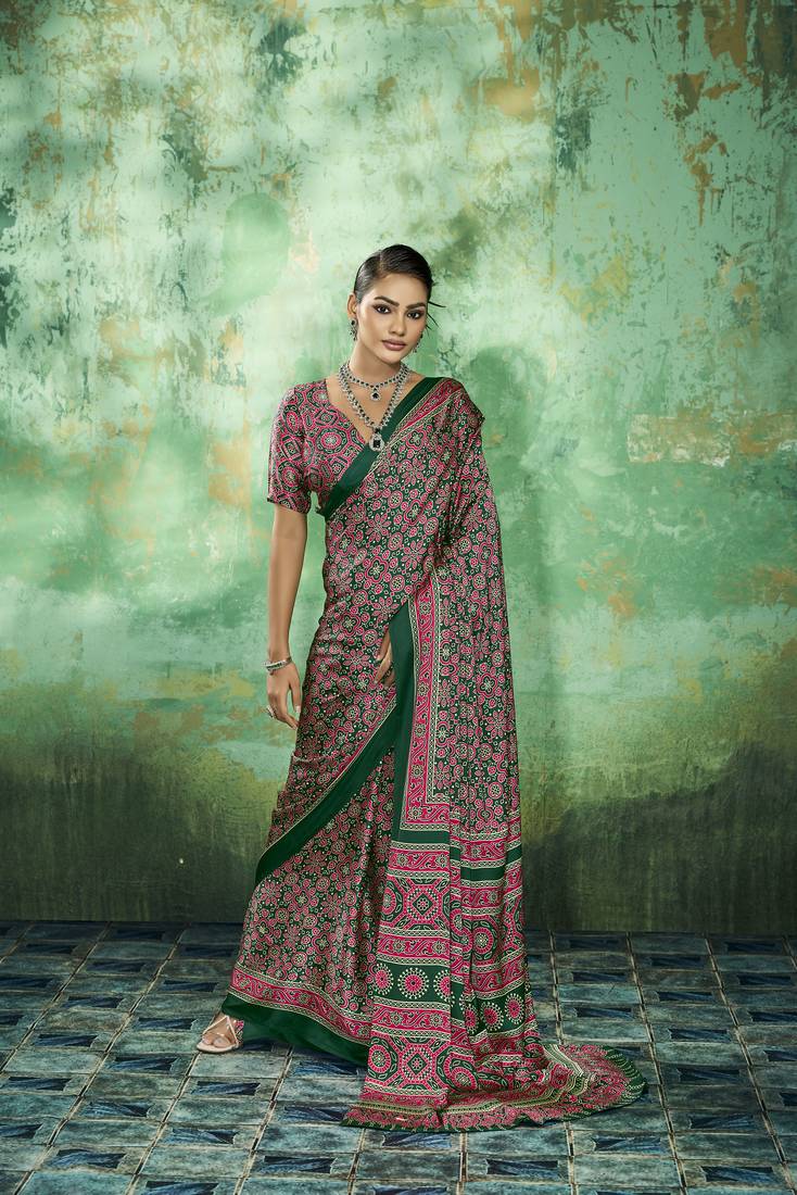 Green modal satin ajrakh print saree
