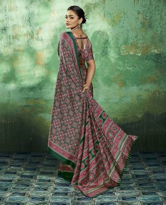 Green modal satin ajrakh print saree 2