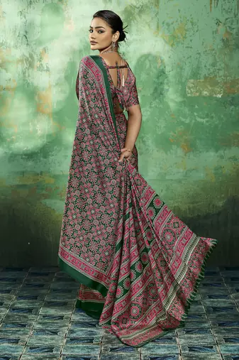 Green modal satin ajrakh print saree
