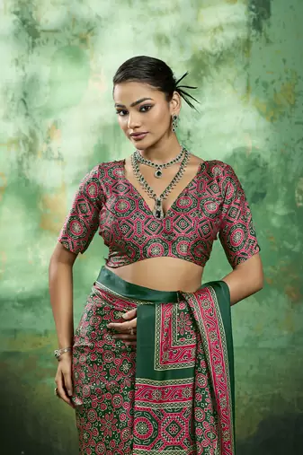 Green modal satin ajrakh print saree