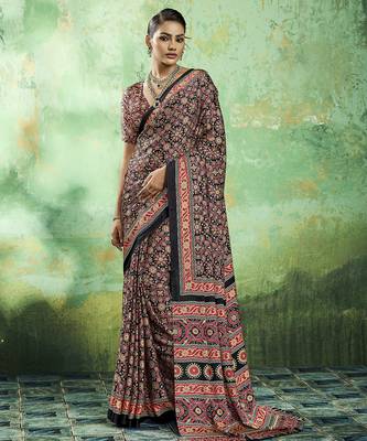 Black modal satin ajrakh print saree 1