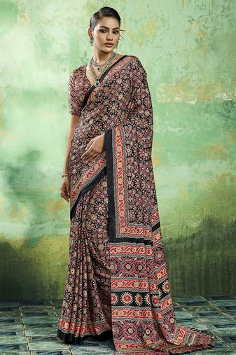 Black modal satin ajrakh print saree