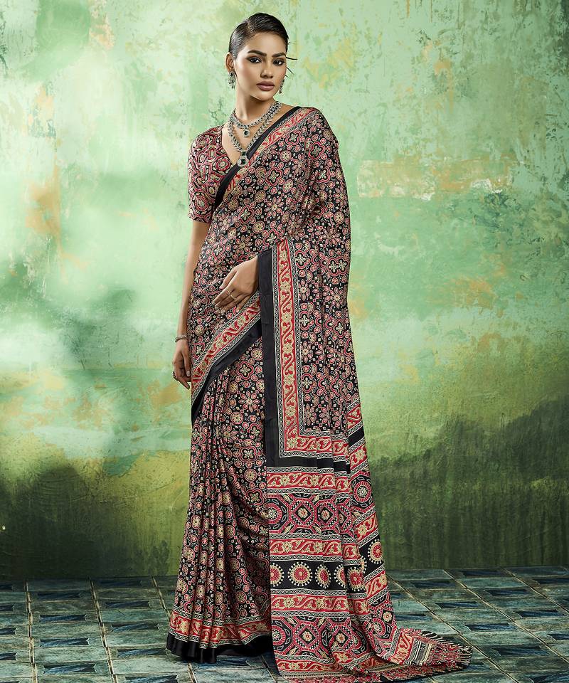 Black modal satin ajrakh print saree