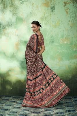 Black modal satin ajrakh print saree 2