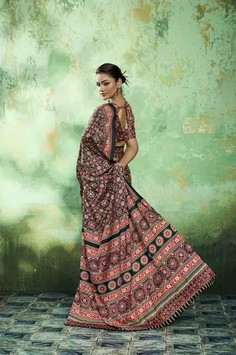 Black modal satin ajrakh print saree