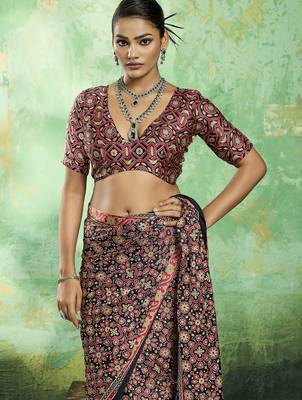 Black modal satin ajrakh print saree 3