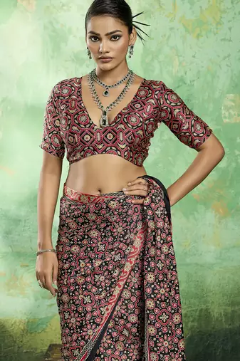 Black modal satin ajrakh print saree