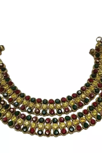Gold Plated Handcrafted Multi colour Anklets with Kundan
