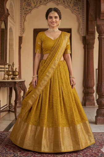 New South Indian Silk Checked Half Saree Lehenga Choli with Zari Border