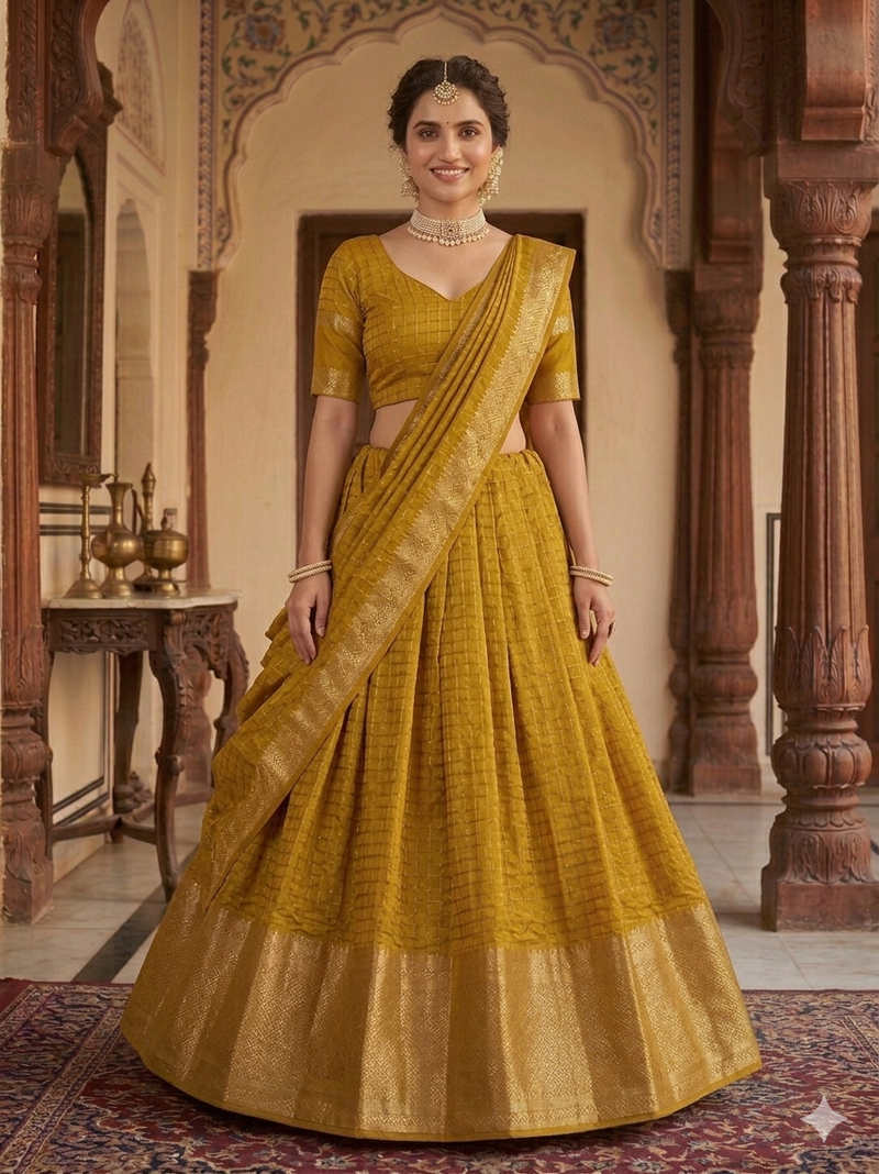 New South Indian  Silk Checked Half Saree Lehenga Choli with Zari Border