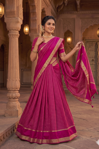 New South Indian Silk Checked Half Saree Lehenga Choli with Zari Border