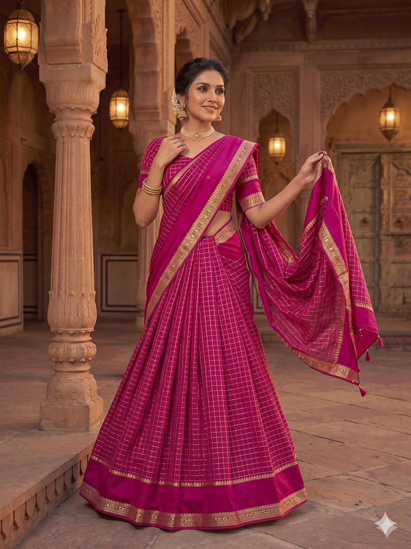 New South Indian  Silk Checked Half Saree Lehenga Choli with Zari Border