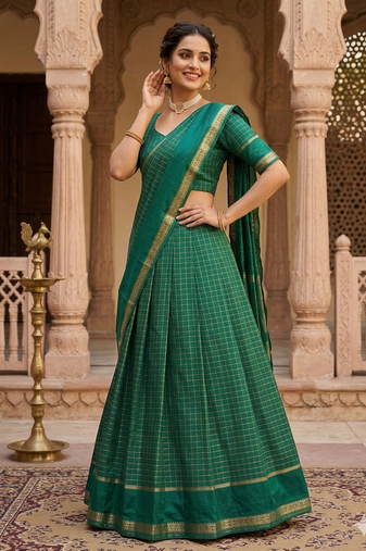 New South Indian  Silk Checked Half Saree Lehenga Choli with Zari Border