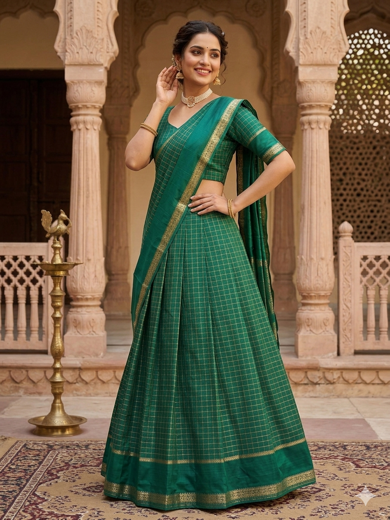 New South Indian  Silk Checked Half Saree Lehenga Choli with Zari Border