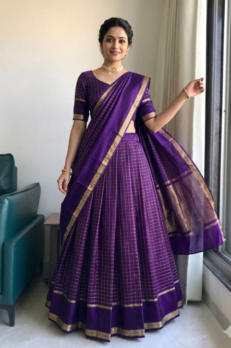 New South Indian  Silk Checked Half Saree Lehenga Choli with Zari Border
