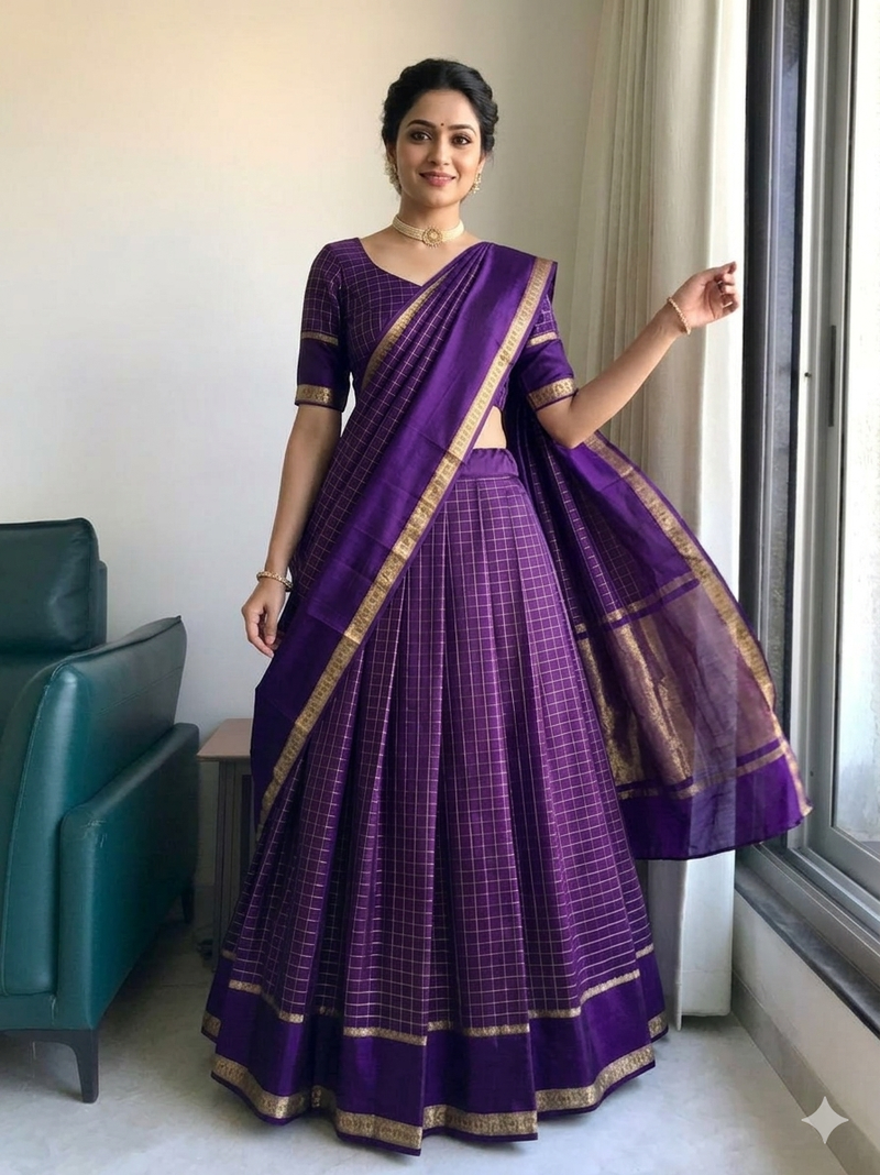 New South Indian  Silk Checked Half Saree Lehenga Choli with Zari Border