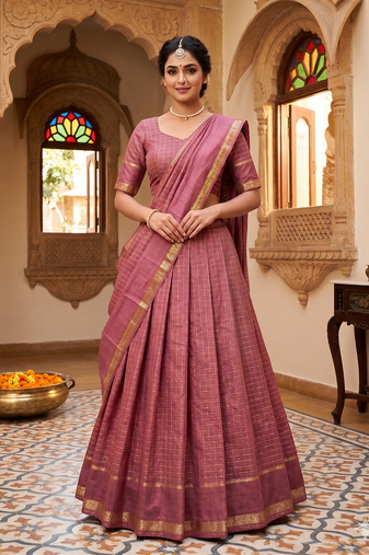 New South Indian  Silk Checked Half Saree Lehenga Choli with Zari Border