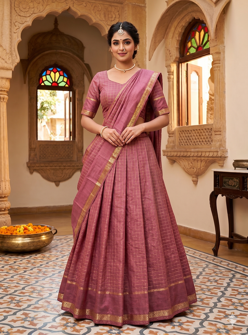 New South Indian  Silk Checked Half Saree Lehenga Choli with Zari Border