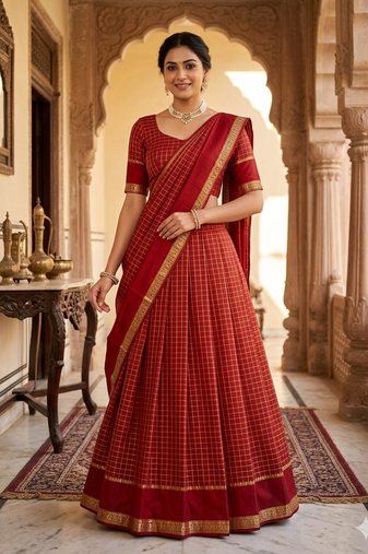 New South Indian  Silk Checked Half Saree Lehenga Choli with Zari Border