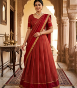 New South Indian  Silk Checked Half Saree Lehenga Choli with Zari Border
