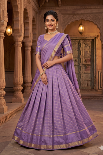 New South Indian  Silk Checked Half Saree Lehenga Choli with Zari Border
