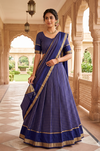 New South Indian  Silk Checked Half Saree Lehenga Choli with Zari Border