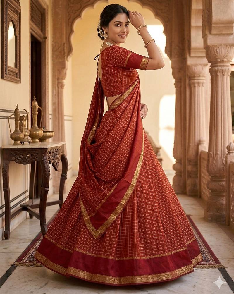New South Indian  Silk Checked Half Saree Lehenga Choli with Zari Border