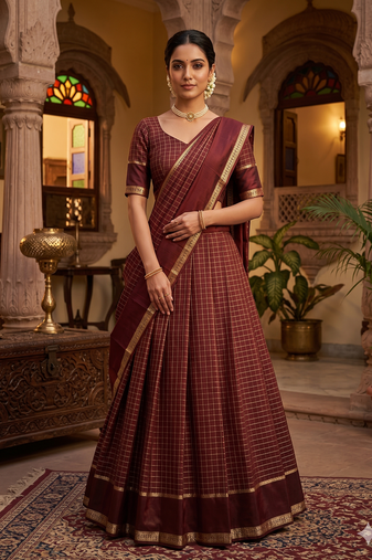New South Indian  Silk Checked Half Saree Lehenga Choli with Zari Border