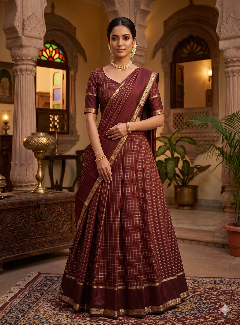 New South Indian  Silk Checked Half Saree Lehenga Choli with Zari Border