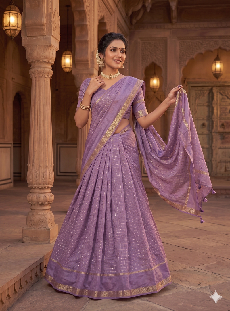 New South Indian  Silk Checked Half Saree Lehenga Choli with Zari Border