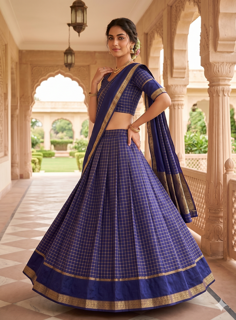 New South Indian  Silk Checked Half Saree Lehenga Choli with Zari Border
