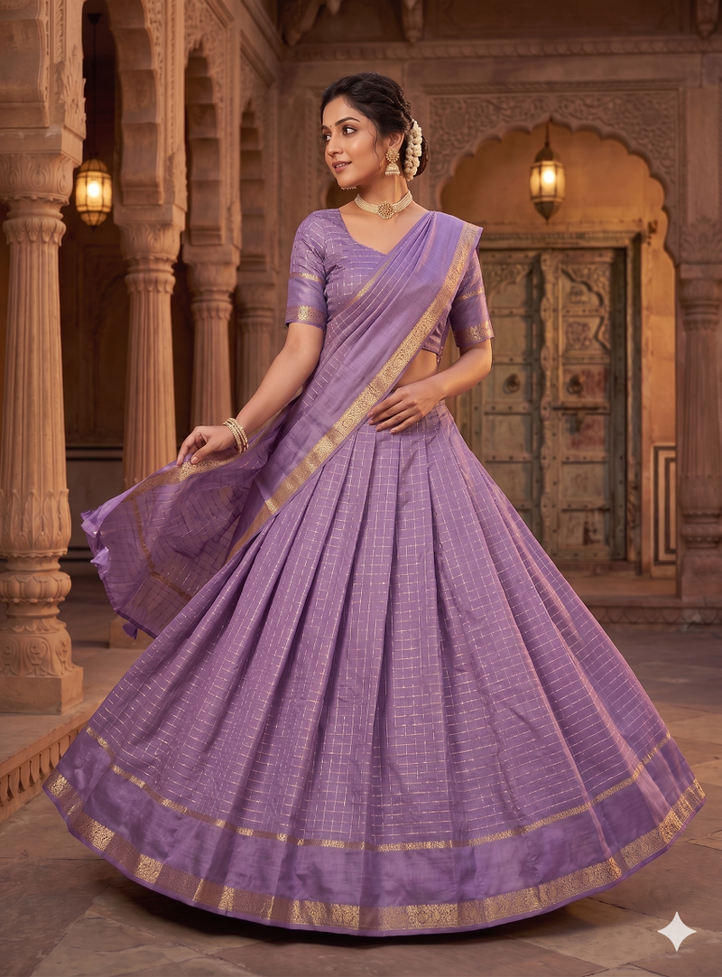 New South Indian  Silk Checked Half Saree Lehenga Choli with Zari Border