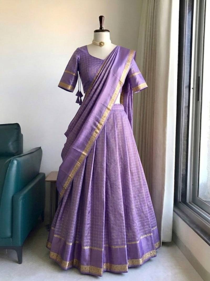 New South Indian  Silk Checked Half Saree Lehenga Choli with Zari Border