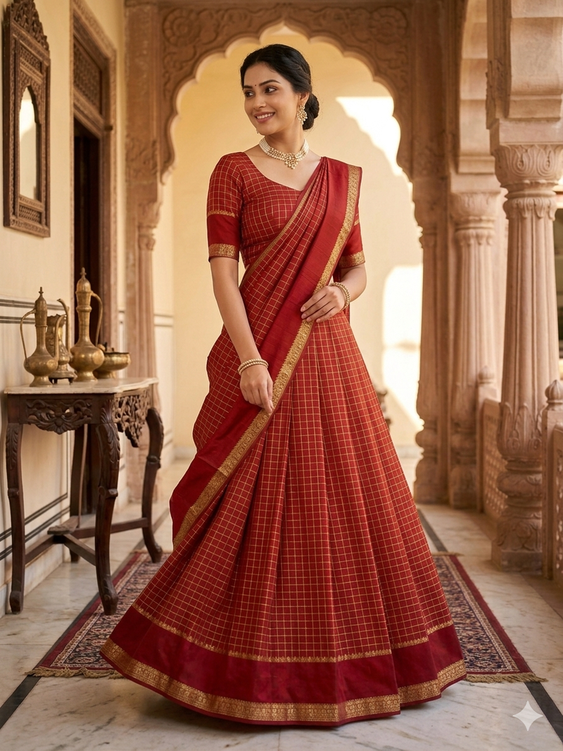 New South Indian  Silk Checked Half Saree Lehenga Choli with Zari Border