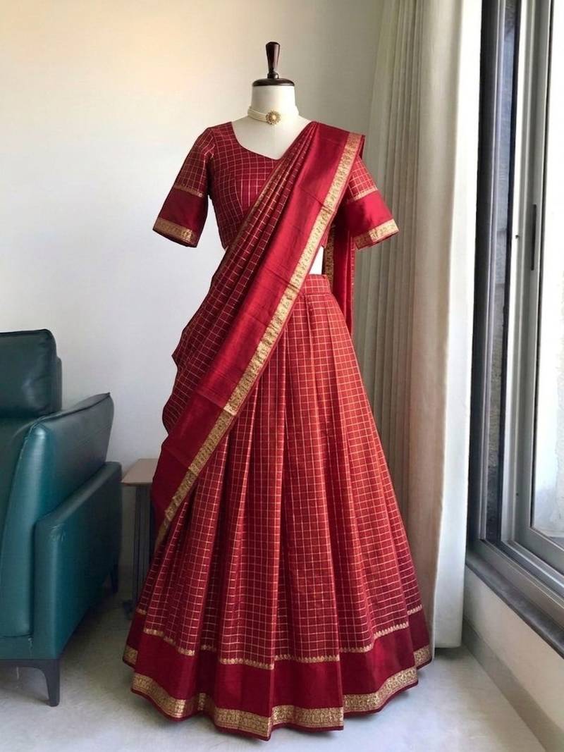 New South Indian  Silk Checked Half Saree Lehenga Choli with Zari Border