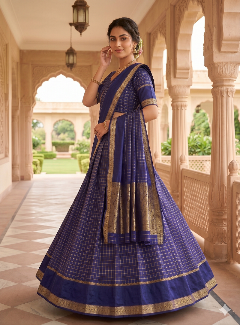 New South Indian  Silk Checked Half Saree Lehenga Choli with Zari Border